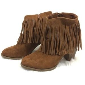 Brown suede fringe heeled booties